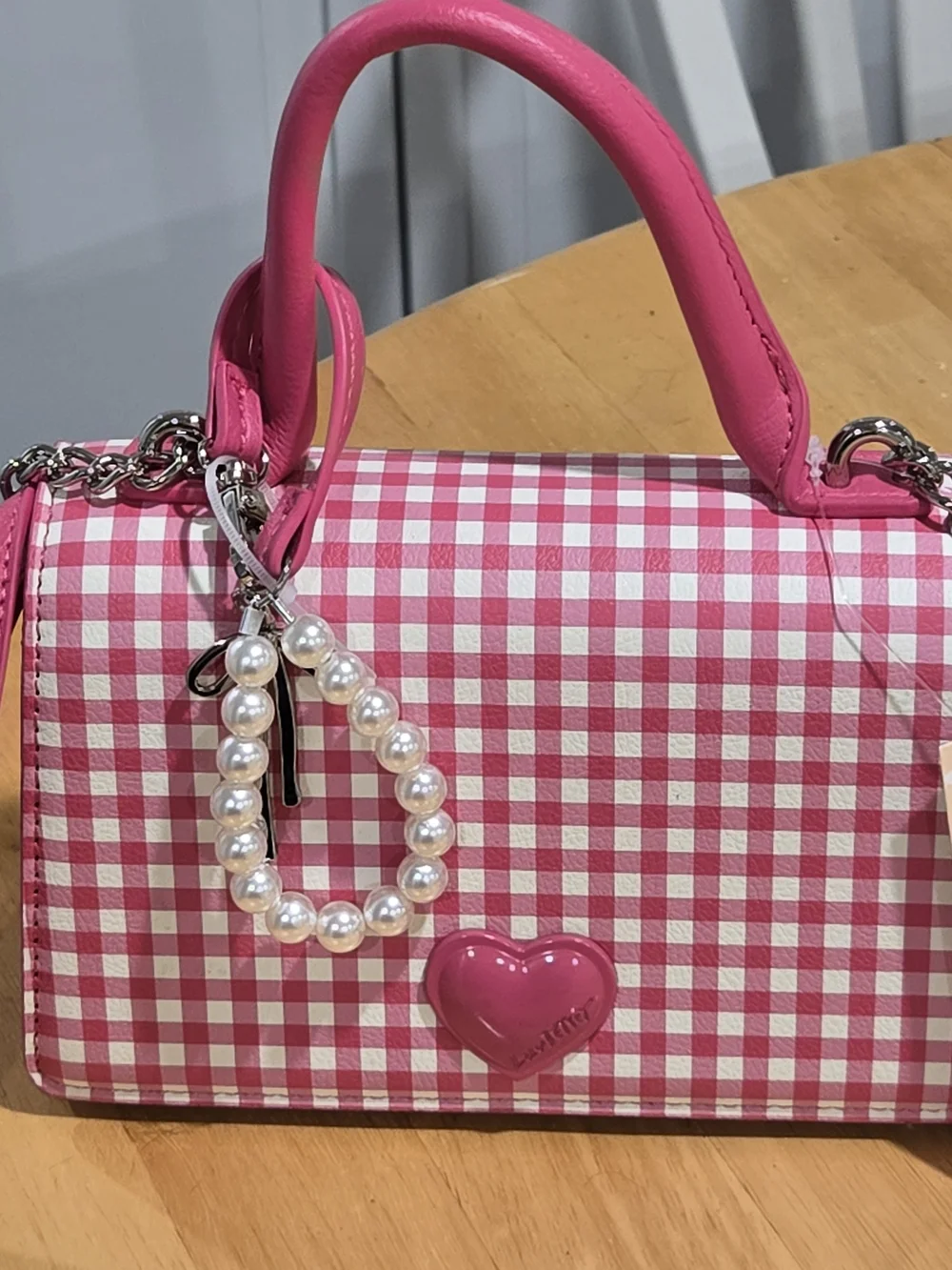 Pink Gingham Crossbody Bag with Heart Accent and Pearl Charm